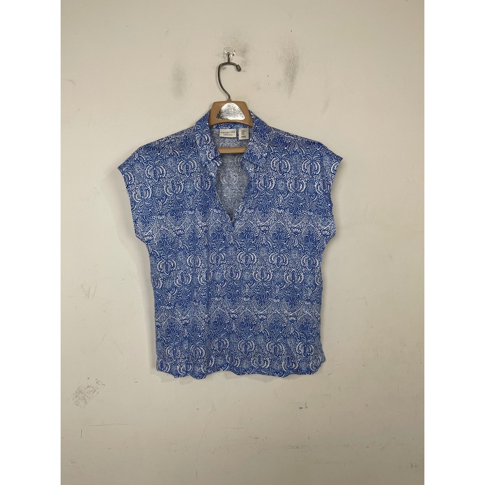 Rachel Zoe Womens Blue White 100% Linen Damask‎ Paisley Print V-Neck Top Size M